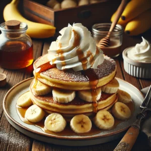 A beautifully plated stack of Pancakes with Bananas and Cream served on a rustic wooden table. The pancakes are golden-brown and fluffy, layered with sliced bananas and topped with a generous dollop of whipped cream. Drizzled with maple syrup and garnished with a sprinkle of powdered sugar. Served on a white ceramic plate with a side of extra banana slices. The warm wooden table is more visible, providing a cozy and inviting setting.