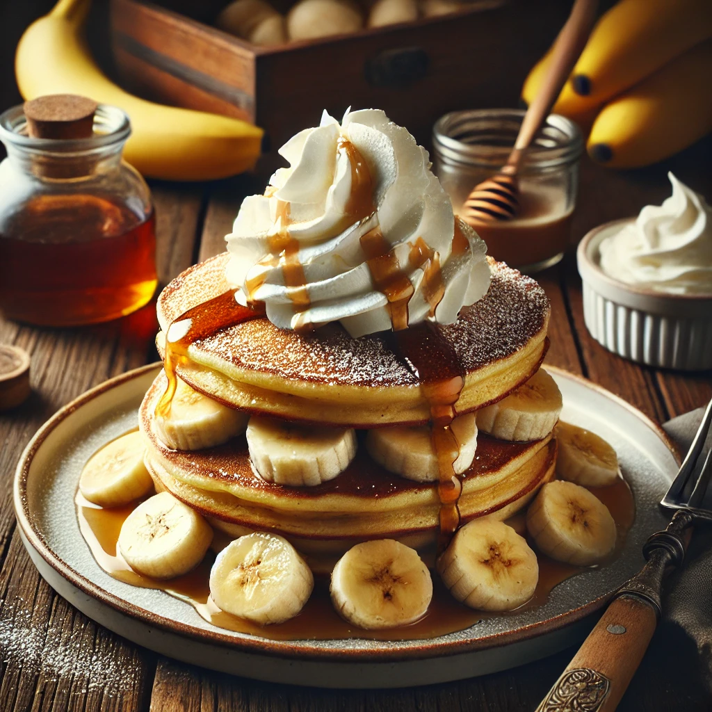 A beautifully plated stack of Pancakes with Bananas and Cream served on a rustic wooden table. The pancakes are golden-brown and fluffy, layered with sliced bananas and topped with a generous dollop of whipped cream. Drizzled with maple syrup and garnished with a sprinkle of powdered sugar. Served on a white ceramic plate with a side of extra banana slices. The warm wooden table is more visible, providing a cozy and inviting setting.
