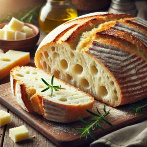 A freshly baked Pane Toscano with Dolcelatte cheese on a rustic wooden table, featuring a golden, rustic crust with a slightly flour-dusted surface. A few slices are cut to reveal the soft, airy interior with creamy Dolcelatte cheese melted into the crumb. The loaf rests on a wooden cutting board, with scattered cheese crumbles, fresh rosemary, and a small dish of olive oil nearby. Soft natural lighting enhances the warm, inviting tones.