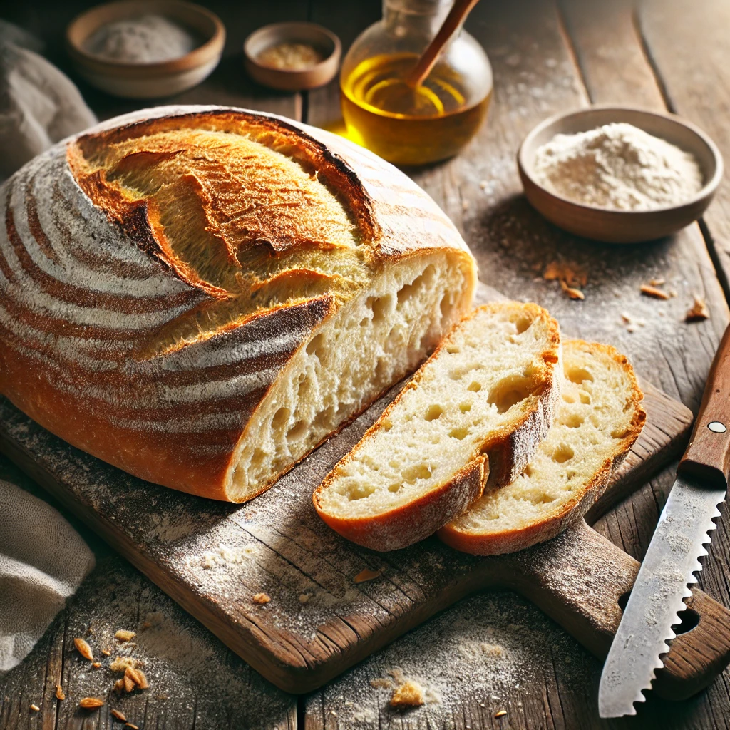 A freshly baked Pane Toscano on a rustic wooden table, featuring a golden, rustic crust with a slightly flour-dusted surface. A few slices are cut to reveal the soft, airy interior with an open crumb structure. The loaf rests on a wooden cutting board, with scattered flour, a serrated bread knife, and a small dish of olive oil nearby. Soft natural lighting enhances the warm, inviting tones.