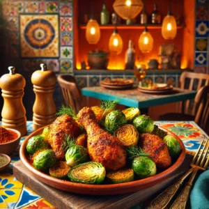 Paprika-seasoned chicken legs with roasted Brussels sprouts, garnished with dill in a vibrant Mexican-style setting.