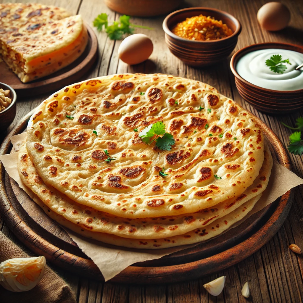 A freshly cooked paratha on a rustic wooden table, featuring a golden, flaky surface with a crispy, layered texture. Some parathas are stacked, while one is torn open to reveal its soft, buttery layers. The parathas rest on a wooden platter, accompanied by a small dish of yogurt, a bowl of chutney, and scattered fresh cilantro leaves. Soft natural lighting enhances the warm, inviting tones.
