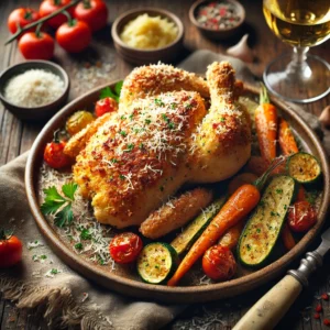 A beautifully plated Parmesan-crusted chicken on a rustic ceramic plate. The chicken is golden and crispy with a Parmesan and herb crust, garnished with fresh parsley and Parmesan shavings. It is served with roasted vegetables, including carrots, zucchini, and cherry tomatoes. The rustic wooden table setup includes a small bowl of dipping sauce and a glass of white wine. Soft natural light enhances the golden crust and vibrant colors, creating an inviting and appetizing presentation.