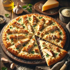 A rustic presentation of Parmesan-crusted chicken Alfredo pizza, elegantly arranged on a wooden table. The pizza has a golden, crispy crust infused with Parmesan cheese, topped with a rich, creamy Alfredo sauce, tender slices of grilled chicken, and melted mozzarella. Fresh parsley and extra Parmesan shavings garnish the pizza for added flavor. A few slices are cut and placed on a wooden cutting board, showcasing the creamy layers. Scattered around are garlic cloves, Parmesan chunks, and a drizzle of olive oil. Soft natural lighting enhances the warm and indulgent feel, with gentle shadows and a hint of rustic kitchen elements in the background.