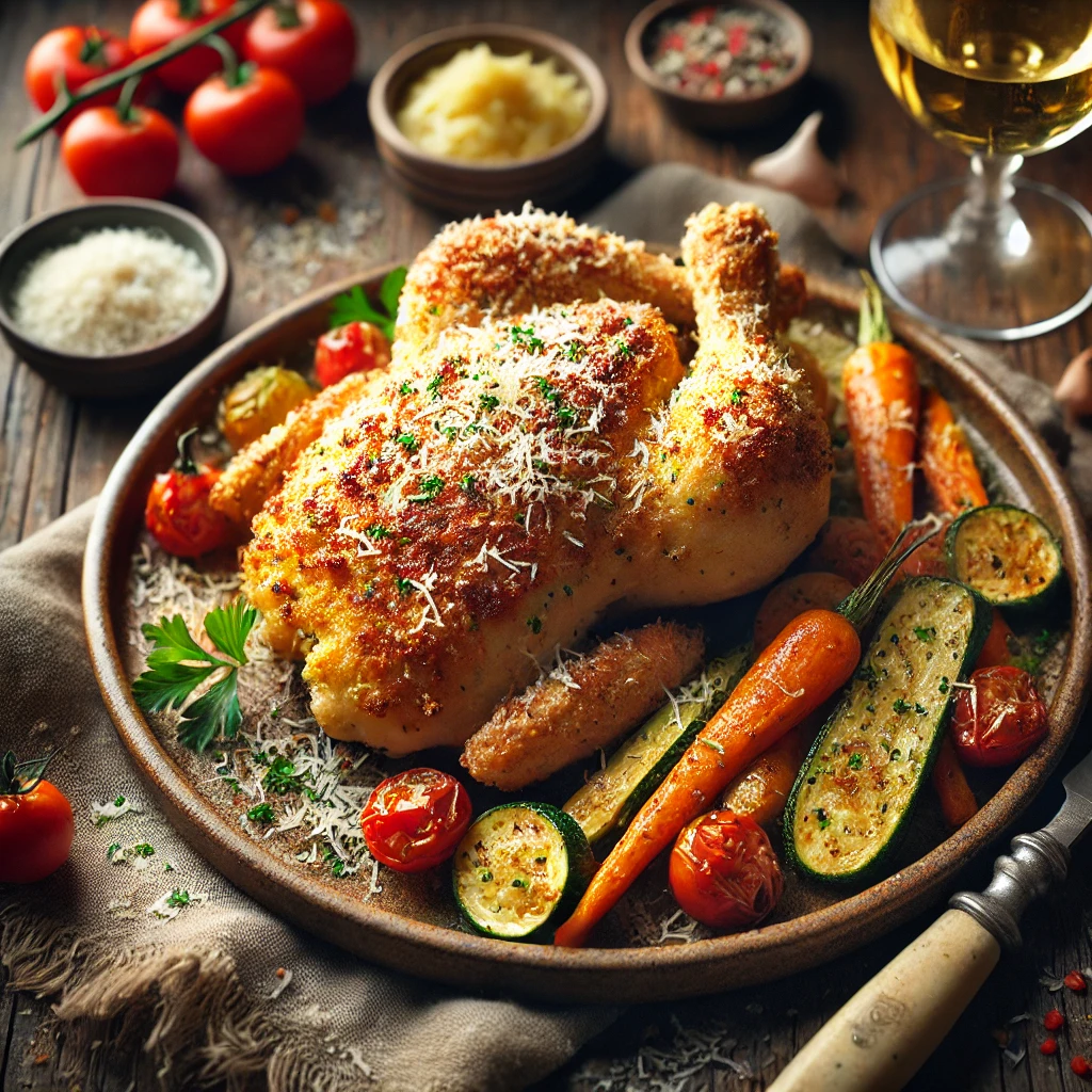 A beautifully plated Parmesan-crusted chicken on a rustic ceramic plate. The chicken is golden and crispy with a Parmesan and herb crust, garnished with fresh parsley and Parmesan shavings. It is served with roasted vegetables, including carrots, zucchini, and cherry tomatoes. The rustic wooden table setup includes a small bowl of dipping sauce and a glass of white wine. Soft natural light enhances the golden crust and vibrant colors, creating an inviting and appetizing presentation.