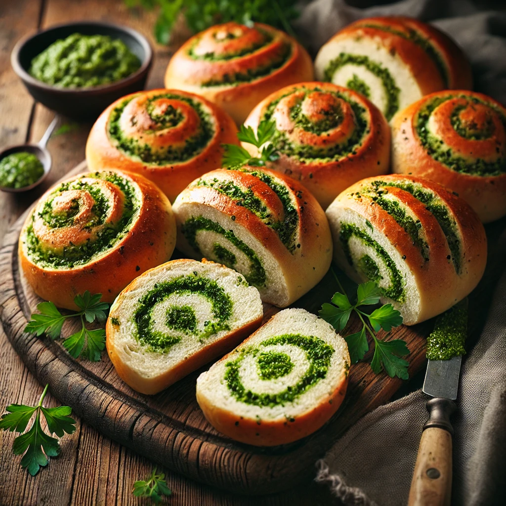 A batch of freshly baked Parsley Pesto Bread Rolls with a golden-brown crust and a soft, fluffy interior swirled with vibrant green parsley pesto. The rolls have a rustic, artisanal appearance with a slightly glossy finish. They are arranged on a wooden cutting board atop a rustic wooden table, with a few rolls sliced open to reveal the flavorful herb filling. A small dish of parsley pesto, fresh parsley sprigs, and a linen napkin add to the cozy presentation. Warm, natural lighting enhances the inviting, homemade feel.