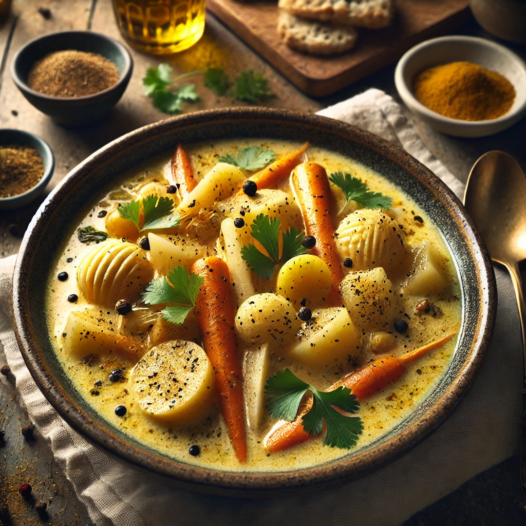 A bowl of Parsnippity Stew with chunks of parsnips, carrots, and potatoes in a creamy coconut milk base, garnished with cilantro and black pepper, served on a rustic wooden table with bread and white wine in the background.