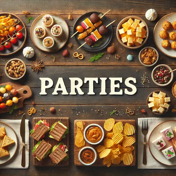 A rustic flat lay of party foods on a medium-dark wooden table with horizontal planks. The selection includes mini sandwiches, skewers, chips with dips, cheese cubes, and small desserts, arranged neatly in a colorful and minimal celebratory style. At the top, the word 'PARTIES' is written in large cream-colored serif letters, centered and clearly visible.