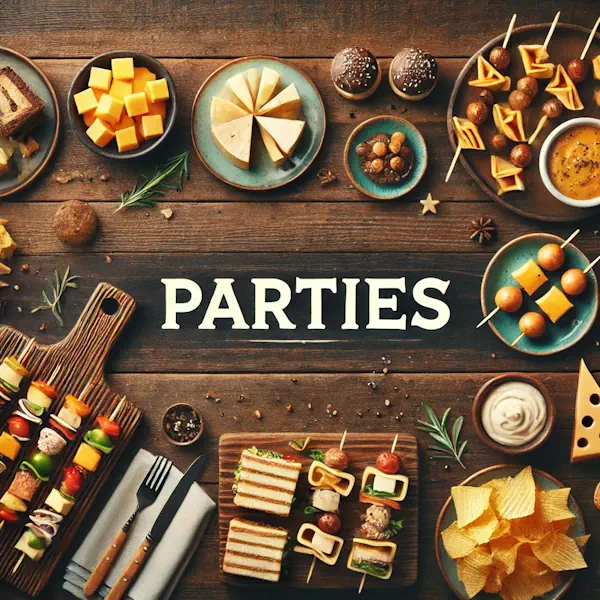 A rustic flat lay of party foods on a medium-dark wooden table with horizontal planks. The selection includes mini sandwiches, skewers, chips with dips, cheese cubes, and small desserts, arranged neatly in a festive yet minimal style. At the top, the word 'PARTIES' is written in large cream-colored serif letters, centered and clearly visible.
