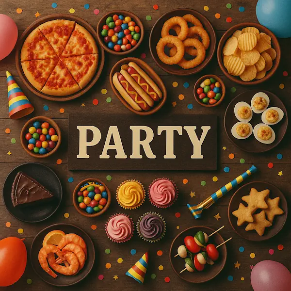 Top-down view of a rustic wooden table featuring a lively party spread arranged around a central sign labeled PARTY. Includes cheese pizza, hot dogs, onion rings, deviled eggs, chips, shrimp, chocolate cake, colorful cupcakes, star-shaped cookies, candy, and vegetable skewers, all surrounded by confetti, balloons, and party hats in bright, festive colors.