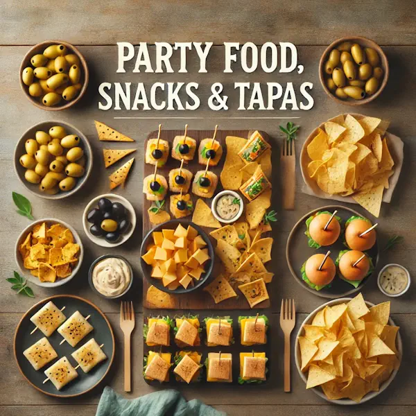 A flat lay of party food, snacks, and tapas on a medium-tone wooden table, including small plates of olives, bruschetta, sliders, cheese cubes, and dips. The layout is neat and uncluttered. At the top of the image, the text 'PARTY FOOD, SNACKS & TAPAS' is displayed in large cream-colored serif letters, centered above the food.