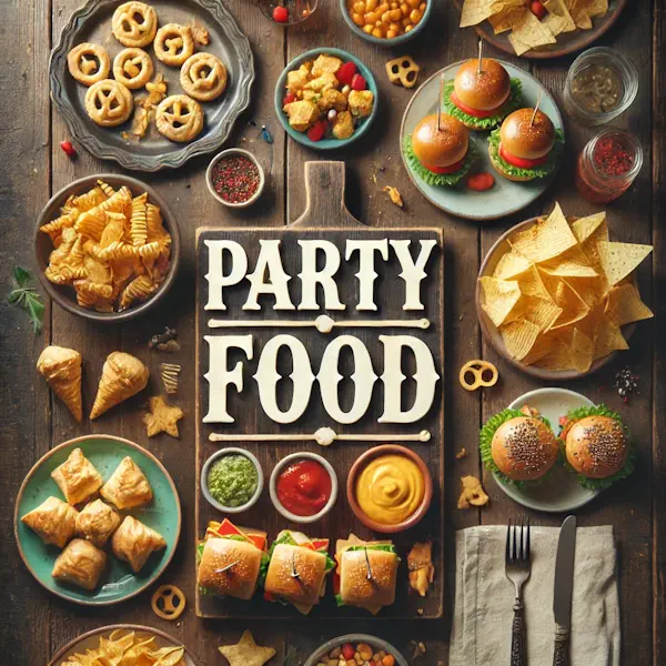 A rustic flat lay of party food on a dark wooden table, with small plates of sliders, puff pastry bites, chips and dip, and colorful finger foods. The layout is neat and warmly lit. At the top of the image, the words 'PARTY FOOD' appear in large, cream-colored serif letters, centered and clearly above the food.