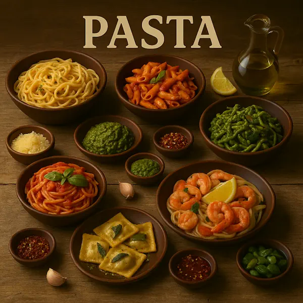 **Alt text (EN):**
Bright square tile titled **“PASTA”** (**1024×1024**) on an extra-rustic, light-wood table with soft key light from the **left**: variety of pastas—**spaghetti al pomodoro** with basil, **penne arrabbiata**, **trofie al pesto**, **ravioli** with sage butter, and **seafood linguine** with shrimp and lemon; small bowls of **Parmesan**, **pesto**, **chili flakes**, **olive oil**, garlic cloves and capers; cheerful exposure; no bottom text.