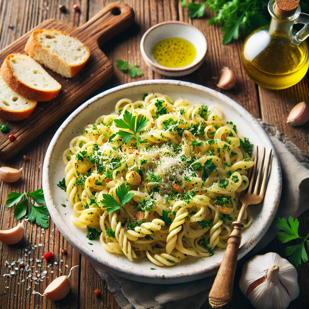 A beautifully plated dish of Garlic and Parsley Pasta served on a rustic wooden table. The dish features al dente pasta tossed with sautéed garlic, fresh parsley, and olive oil. Garnished with additional chopped parsley and a sprinkle of grated Parmesan cheese. Served in a white ceramic bowl with a side of crusty bread. The warm wooden table is more visible, providing a cozy and inviting setting.
