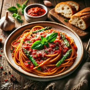 A beautifully plated dish of Pasta Marinara served on a rustic wooden table. The dish features al dente spaghetti coated in a rich, vibrant tomato marinara sauce made with garlic, onions, and herbs. Garnished with fresh basil leaves and a sprinkle of grated Parmesan cheese. Served in a white ceramic bowl with a side of crusty bread. The warm wooden table is more visible, providing a cozy and inviting setting.