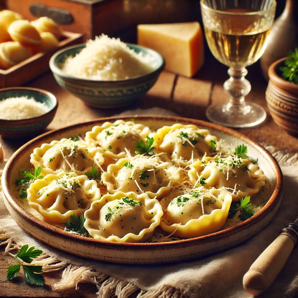 Pasta Pockets on a rustic ceramic plate, featuring hand-folded pasta filled with ricotta and herbs, coated in a light butter and garlic sauce. Garnished with Parmesan and parsley, set on a wooden table with a bowl of Parmesan and a glass of white wine in the softly blurred background.
