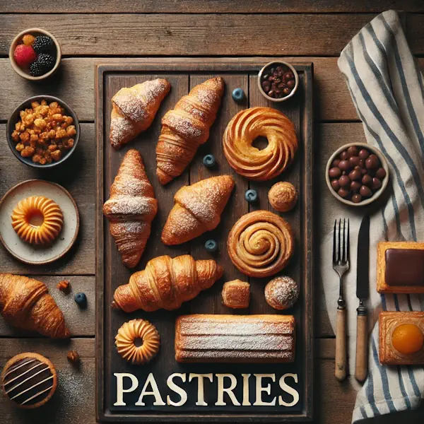 A rustic flat lay of pastries on a medium-dark wooden table with horizontal planks. The selection includes croissants, danishes, éclairs, and puff pastry treats, arranged neatly on a wooden board with garnishes like powdered sugar, fruit, and chocolate drizzle. At the top, the word 'PASTRIES' is written in large cream-colored serif letters, centered and clearly visible.