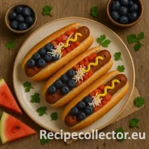 Three vegan hot dogs topped with blueberries, chopped tomatoes, shredded cheese, and mustard, served on a plate with slices of watermelon and fresh parsley, set on a rustic wooden table.