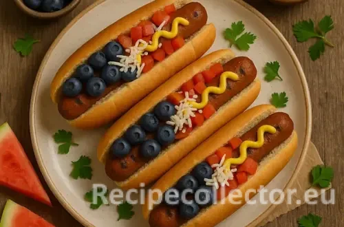 Three vegan hot dogs topped with blueberries, chopped tomatoes, shredded cheese, and mustard, served on a plate with slices of watermelon and fresh parsley, set on a rustic wooden table.