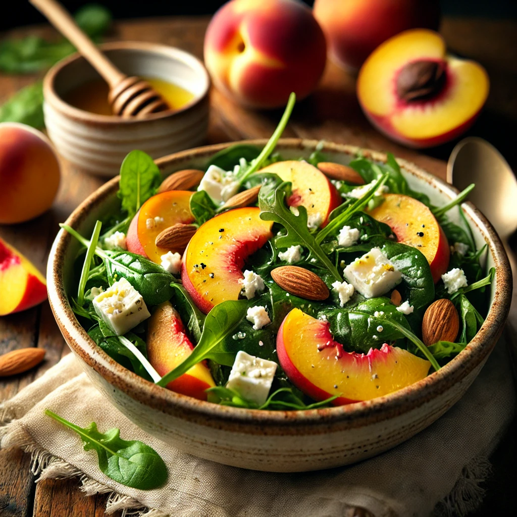 Juicy peach slices, peppery watercress, and crumbled feta cheese tossed in a light citrus vinaigrette, garnished with toasted almonds and a drizzle of honey.