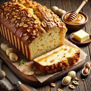 A beautifully plated loaf of Peanut Bread served on a rustic wooden table. The bread is golden-brown with a slightly crisp crust and a soft, nutty interior infused with crushed peanuts. Topped with chopped peanuts and lightly drizzled with honey. Sliced and arranged on a wooden cutting board, served with a side of butter and peanut butter. The warm wooden table is more visible, providing a cozy and inviting