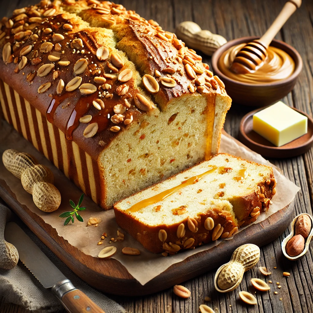 A beautifully plated loaf of Peanut Bread served on a rustic wooden table. The bread is golden-brown with a slightly crisp crust and a soft, nutty interior infused with crushed peanuts. Topped with chopped peanuts and lightly drizzled with honey. Sliced and arranged on a wooden cutting board, served with a side of butter and peanut butter. The warm wooden table is more visible, providing a cozy and inviting