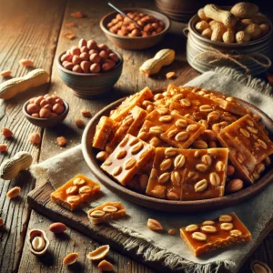 A plate of classic peanut brittle with a golden, caramelized base filled with crunchy roasted peanuts on a rustic wooden table. Some pieces are broken apart to reveal the crisp, glossy layers, with whole peanuts scattered around. A cozy napkin and wooden plate enhance the warm, inviting atmosphere.
