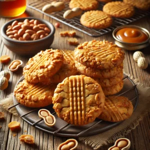 A batch of freshly baked Peanut Brittle Cookies with a golden-brown color and a crisp, caramelized texture. The cookies are studded with crunchy peanut brittle pieces, giving them a sweet and nutty flavor. Some cookies are stacked, while others cool on a wire rack. They are arranged on a rustic wooden table, accompanied by whole peanuts, a small dish of caramel, and broken pieces of peanut brittle. Warm, natural lighting enhances the cozy, homemade feel.