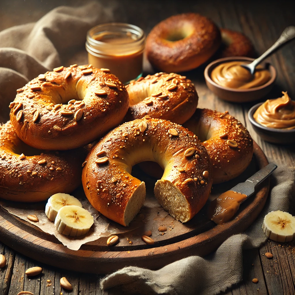 A batch of freshly baked Peanut Butter Bagels with a golden-brown crust and a soft, nutty interior. The bagels have a slightly glossy finish and a rustic, artisanal appearance. They are arranged on a wooden cutting board atop a rustic wooden table, with a few sliced open to reveal their rich peanut butter-infused crumb. A small dish of creamy peanut butter, banana slices, and a drizzle of maple syrup complete the inviting presentation. Warm, natural lighting enhances the cozy, homemade feel.