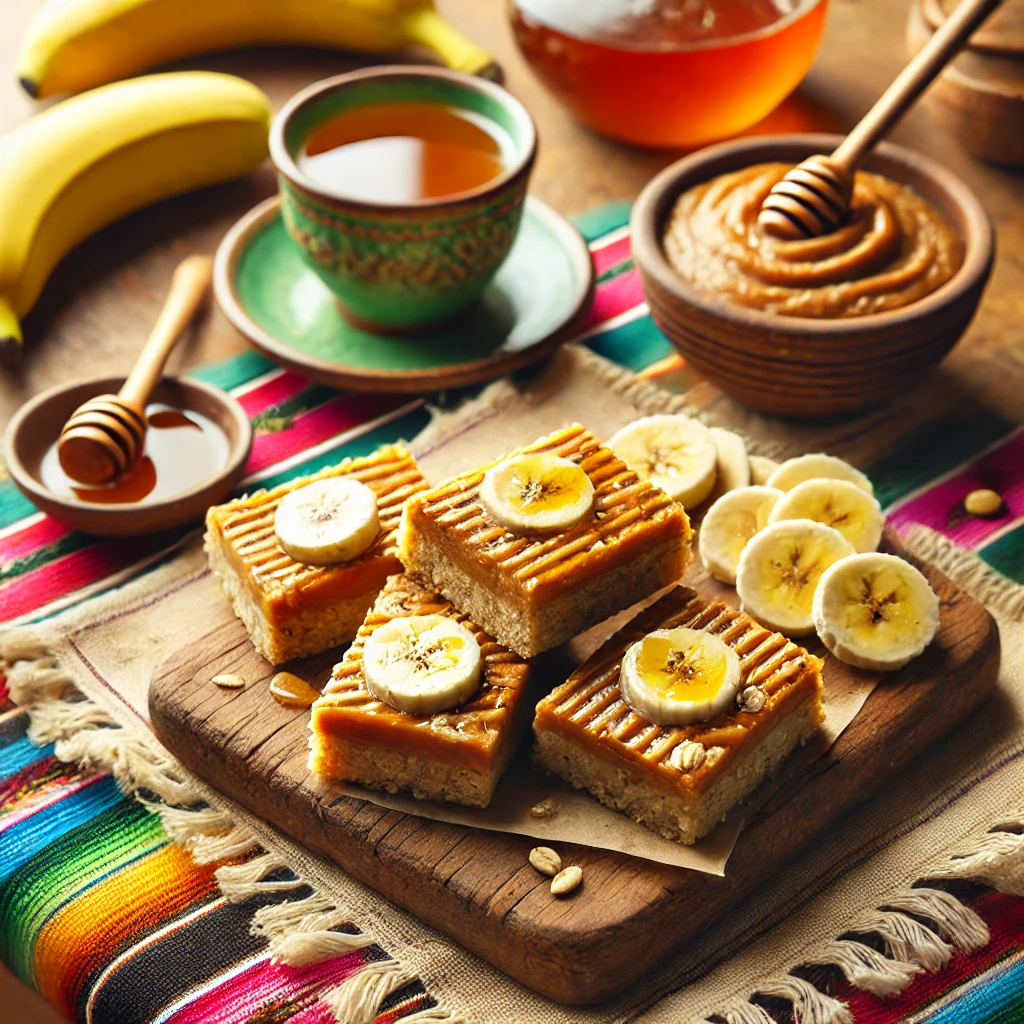 A wholesome and inviting scene featuring Peanut Butter Banana Fiber Bars on a rustic wooden platter. The golden brown bars are made with peanut butter, banana, and oats, topped with a drizzle of honey. The setup includes a colorful Mexican-style tablecloth, a small bowl of peanut butter, a ripe banana, and a cup of herbal tea, illuminated by bright natural light to emphasize their fresh and energizing appeal.
