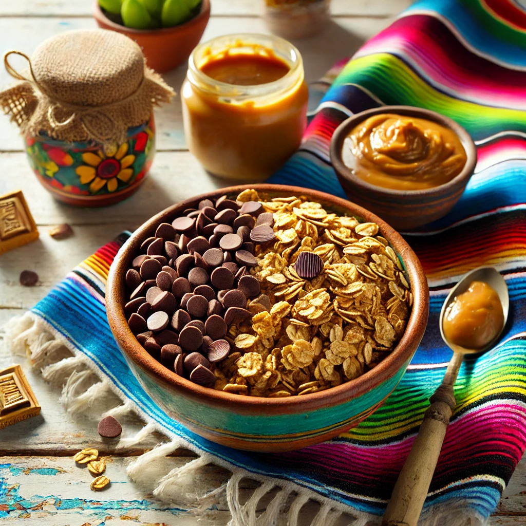 A vibrant and cozy breakfast setting featuring peanut butter chocolate chip granola served in a rustic bowl. The granola, made with oats, chocolate chips, and flax meal, is placed on a colorful Mexican-style tablecloth, accompanied by a small jar of peanut butter and a glass of sweet dessert wine. Bright natural light enhances the inviting and indulgent atmosphere of the snack.