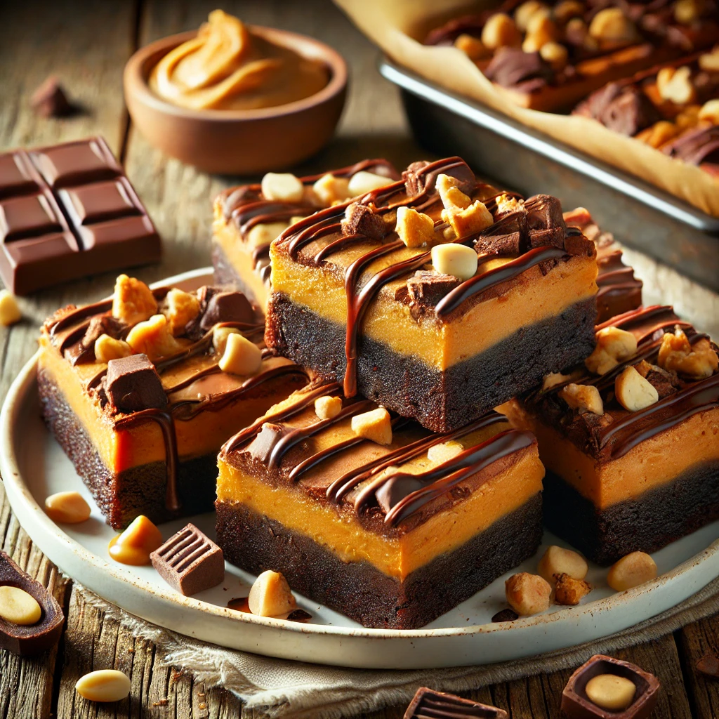 A plate of peanut butter chocolate fun brownies on a rustic wooden table, featuring a rich, fudgy chocolate base with a smooth, creamy peanut butter swirl on top. Some brownies are drizzled with melted chocolate and garnished with chopped peanuts, while a few are cut open to reveal their decadent, gooey layers. Scattered chocolate chips and peanut pieces add to the homemade charm, with soft natural lighting enhancing the warm, indulgent tones.