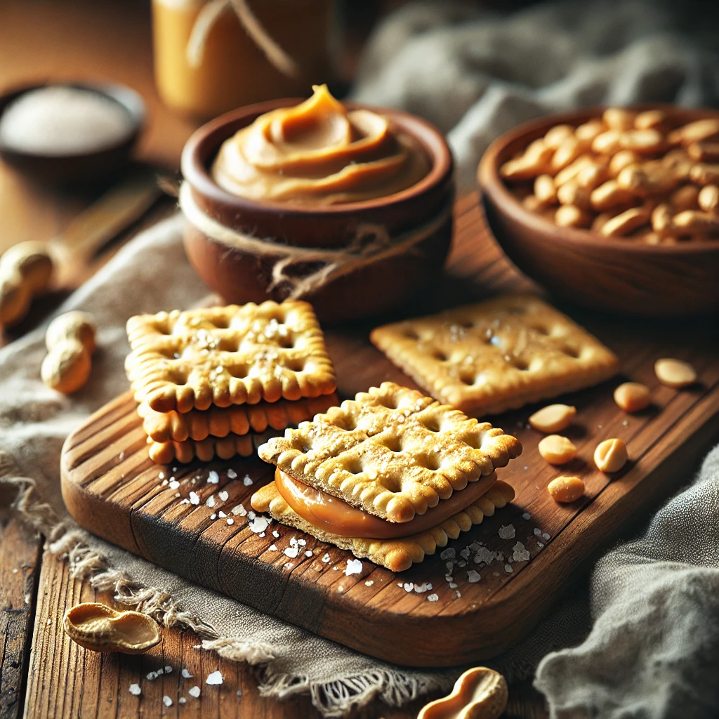 Peanut butter crackers, golden and crispy with a creamy peanut butter filling, garnished with sea salt and chopped peanuts, served on a wooden board with a bowl of peanut butter and roasted peanuts.