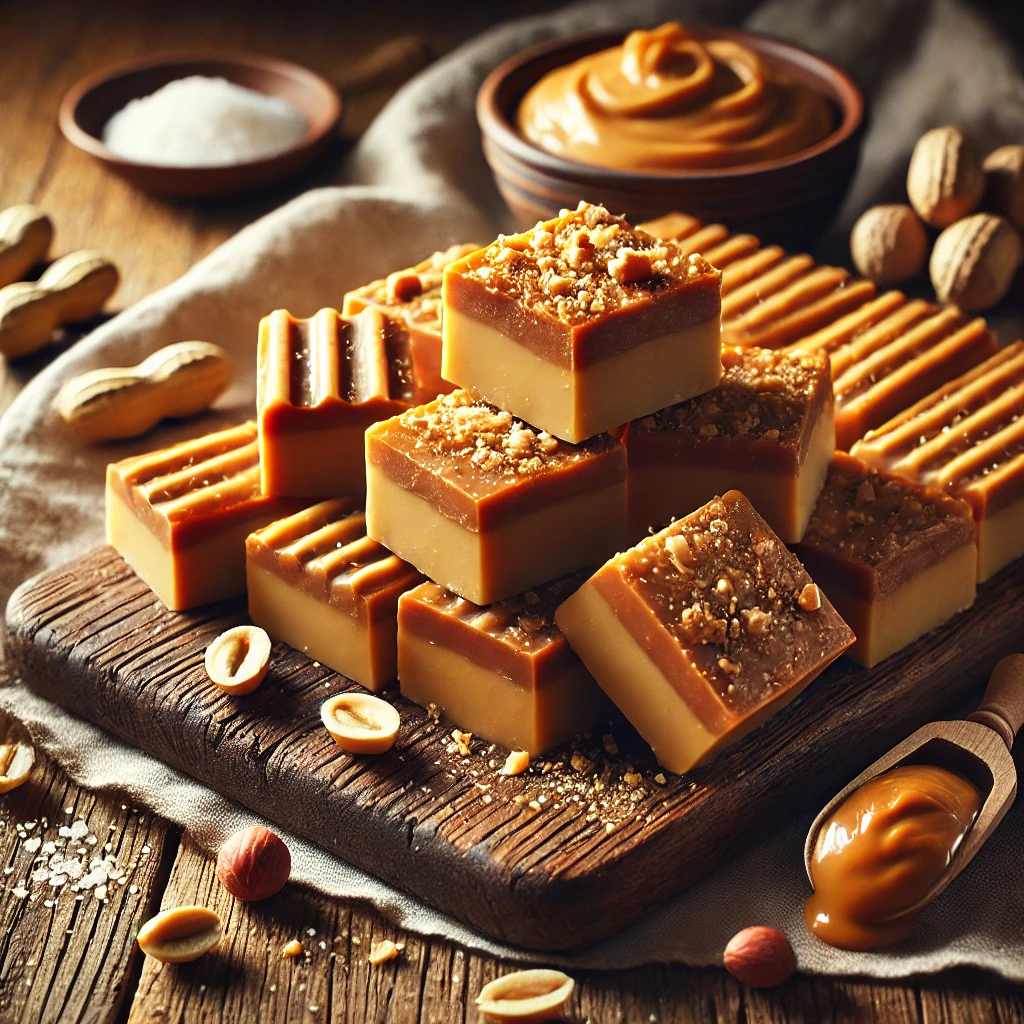 A rustic presentation of peanut butter fudge, elegantly arranged on a wooden table. The fudge is cut into smooth, creamy squares with a rich, golden-brown hue, stacked neatly on a wooden cutting board. A drizzle of melted peanut butter and a sprinkle of crushed peanuts add extra texture and flavor. Some pieces are placed individually to showcase their velvety texture. Scattered around are whole peanuts, a small dish of extra peanut butter, and a light dusting of sea salt. Soft natural lighting enhances the warm and inviting feel, with gentle shadows and a hint of rustic charm in the background.