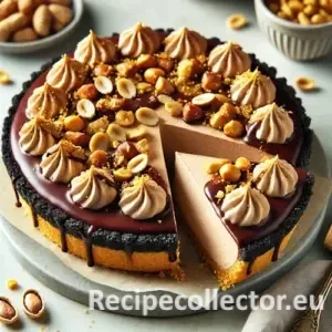 A rich peanut butter mousse pie topped with candied peanuts and glossy chocolate ganache, with a slice pulled out to reveal the creamy filling. The pie sits on a marble countertop with a bowl of peanuts nearby.