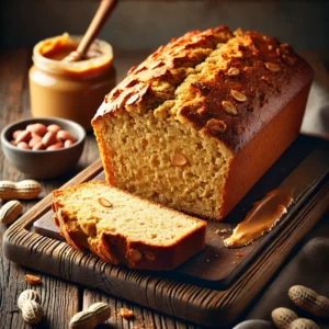 A freshly baked Peanut Butter Quick Bread with a golden-brown crust and a soft, moist interior infused with rich, nutty peanut butter. The loaf has a slightly cracked surface, revealing its tender crumb. It rests on a wooden cutting board atop a rustic wooden table, with a few slices cut to showcase its dense, peanut butter-infused texture. A small dish of peanut butter, whole peanuts, and a drizzle of honey complete the cozy presentation. Warm, natural lighting enhances the inviting, homemade feel.