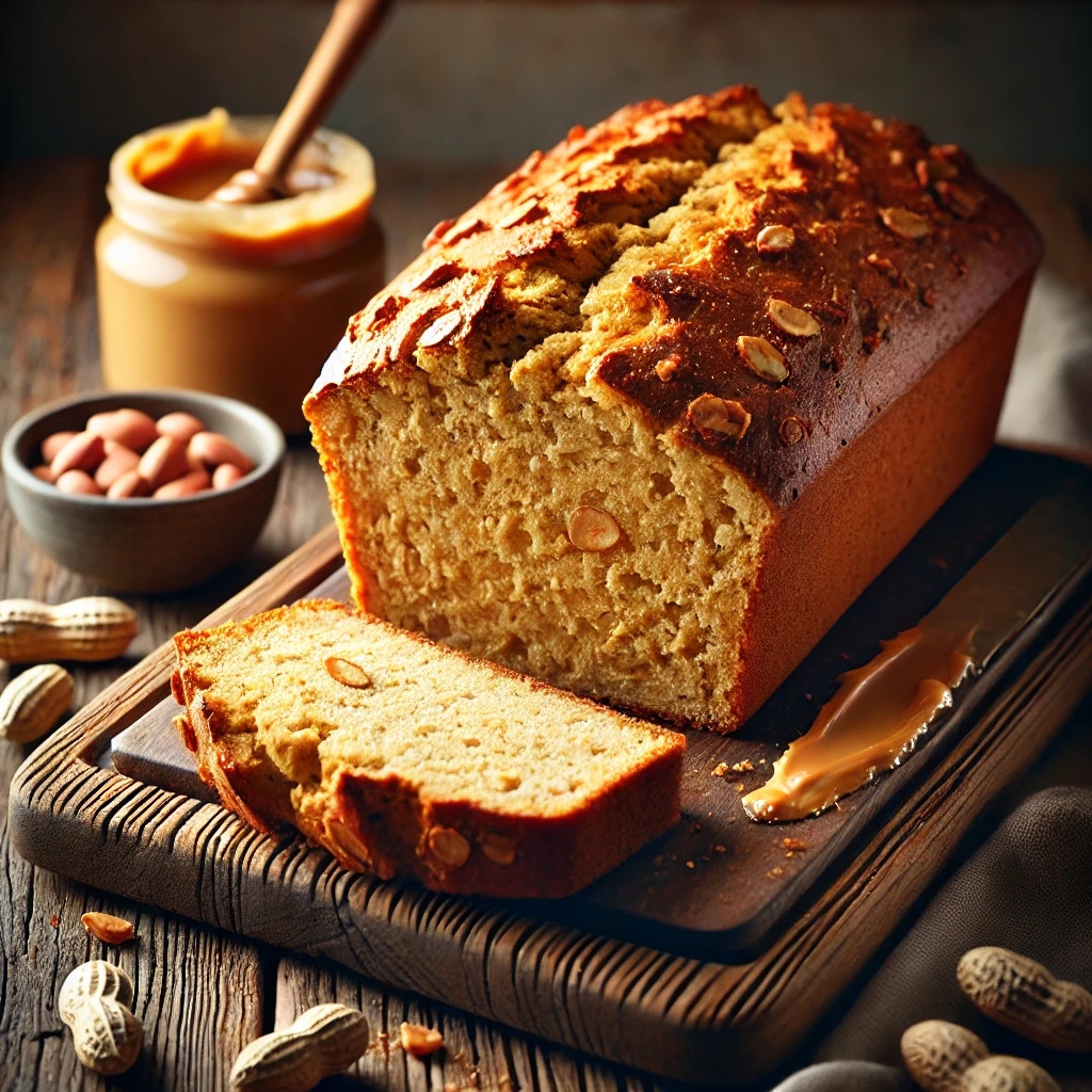 A freshly baked Peanut Butter Quick Bread with a golden-brown crust and a soft, moist interior infused with rich, nutty peanut butter. The loaf has a slightly cracked surface, revealing its tender crumb. It rests on a wooden cutting board atop a rustic wooden table, with a few slices cut to showcase its dense, peanut butter-infused texture. A small dish of peanut butter, whole peanuts, and a drizzle of honey complete the cozy presentation. Warm, natural lighting enhances the inviting, homemade feel.