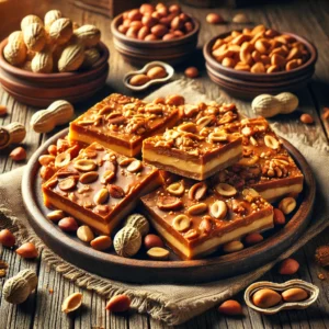 A plate of peanut butter toffee with a golden-brown, crisp texture, layered with creamy peanut butter and topped with chopped roasted peanuts on a rustic wooden table. Some pieces are broken apart to reveal the crunchy, nutty layers, with whole peanuts and caramel drizzles scattered around. A cozy napkin and wooden plate enhance the warm, inviting atmosphere.