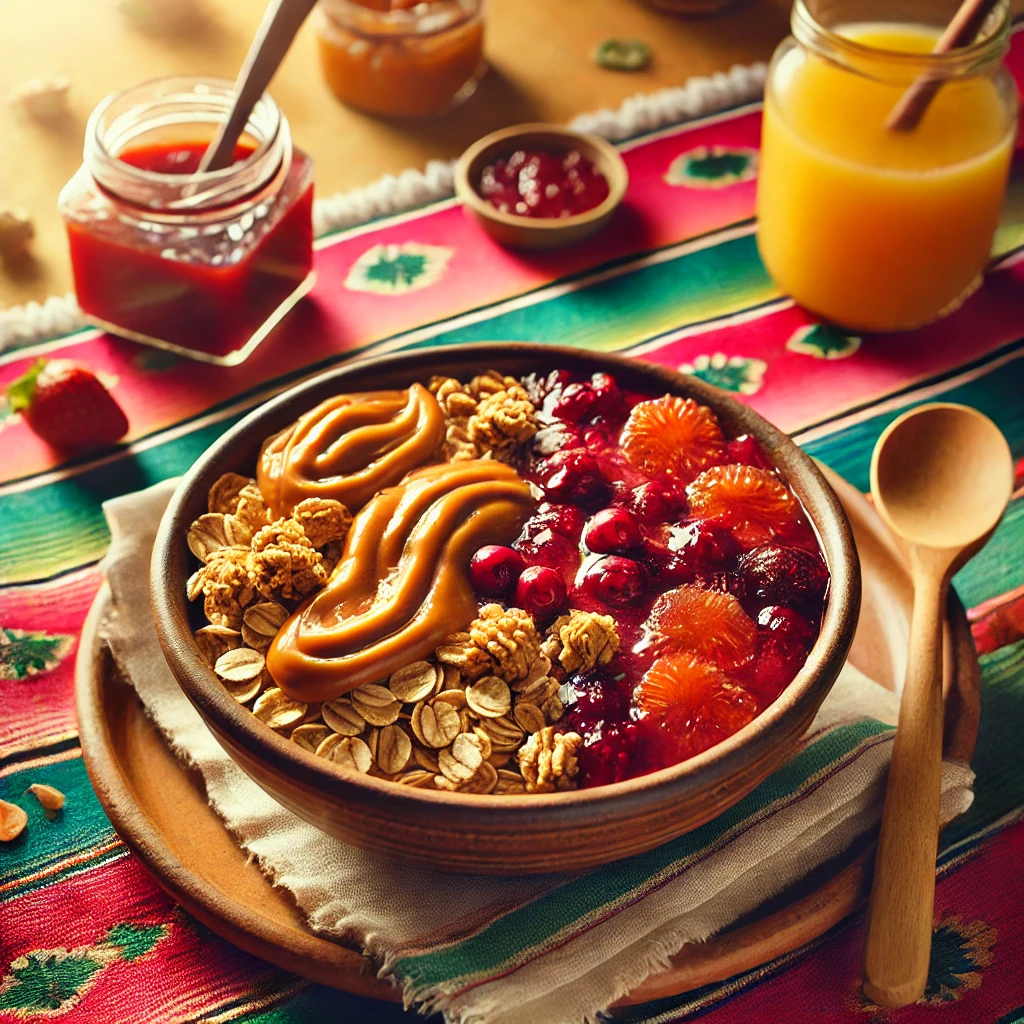 A vibrant and cozy breakfast setting featuring peanut butter and jam granola served in a rustic bowl. The granola includes oats, chunks of peanut butter, and swirls of jam, placed on a bright Mexican-style tablecloth. The setup includes a small jar of jam, a wooden spoon, and a glass of freshly squeezed orange juice, illuminated by bright natural light for an inviting and cheerful atmosphere.