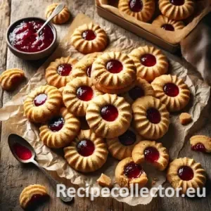 Golden brown peanut butter thumbprint cookies filled with bright red jelly, displayed on parchment over a rustic wooden table with natural side lighting.