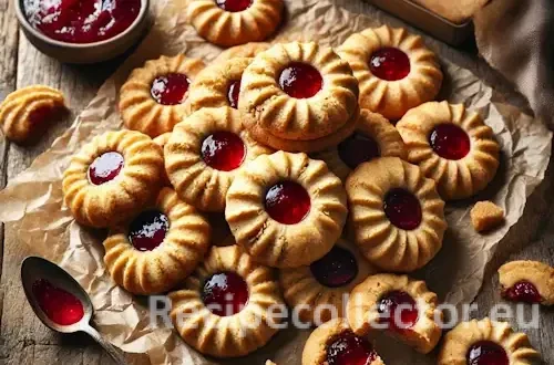Golden brown peanut butter thumbprint cookies filled with bright red jelly, displayed on parchment over a rustic wooden table with natural side lighting.