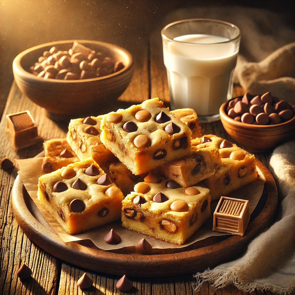 Peanut Butter and Milk Chocolate Chip Blondies on a rustic wooden platter, featuring golden, chewy squares studded with peanut butter and milk chocolate chips. Lightly drizzled with melted chocolate, set on a wooden table with a glass of milk and a bowl of extra chips in the softly blurred background.