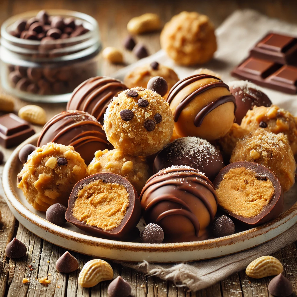 A plate of peanut butter and milk chocolate chip mudd balls on a rustic wooden table, featuring bite-sized no-bake treats made with a rich peanut butter and chocolate mixture. Some are coated in crushed nuts, while others are drizzled with melted milk chocolate. A few are cut open to reveal their gooey, chocolate chip-studded interior, with scattered chocolate chips and peanut pieces adding to the homemade charm. Soft natural lighting enhances the warm, inviting tones.