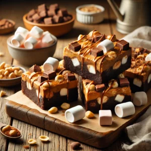 A rustic presentation of peanut butter–rocky road brownies, elegantly arranged on a wooden table. The brownies have a rich, fudgy chocolate base swirled with creamy peanut butter and topped with gooey marshmallows, crunchy peanuts, and chocolate chunks. Some brownies are stacked on a wooden cutting board, while others are cut into squares to showcase the decadent layers. Scattered around are extra peanuts, marshmallows, and a drizzle of melted chocolate. Soft natural lighting enhances the warm and indulgent feel, with gentle shadows and a hint of greenery in the background.