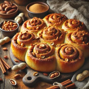 A batch of freshly baked Peanut and Spice Rolls with a golden-brown crust and a soft, fluffy interior. The rolls are infused with warm spices like cinnamon, nutmeg, and cloves, and topped with crunchy roasted peanuts. Some rolls have a light glaze, while others are dusted with crushed peanuts. They are arranged on a rustic wooden table, accompanied by a wooden cutting board, a baking dish, a small dish of cinnamon, whole peanuts, and a linen napkin. Warm, natural lighting enhances the cozy, homemade feel.