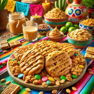 Peanutty Granola Cookies, golden brown with granola pieces and drizzled with smooth peanut butter glaze, presented on a rustic plate in a vibrant Mexican-inspired setting with colorful decorations and warm, inviting lighting. 🍪✨