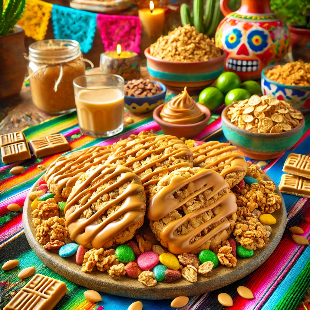 Peanutty Granola Cookies, golden brown with granola pieces and drizzled with smooth peanut butter glaze, presented on a rustic plate in a vibrant Mexican-inspired setting with colorful decorations and warm, inviting lighting. 🍪✨