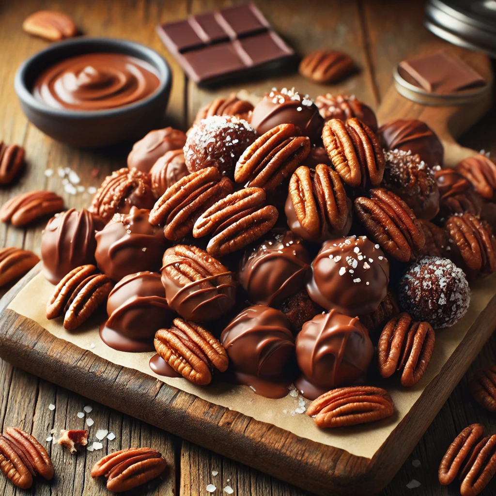 A plate of pecan clusters on a rustic wooden table, featuring toasted pecans coated in smooth, melted chocolate. Some clusters are drizzled with extra chocolate, while others have a sprinkle of sea salt or chopped pecans. The plate rests on a wooden cutting board, with scattered pecans, chocolate pieces, and a small dish of melted chocolate nearby. Soft natural lighting enhances the warm, inviting tones.