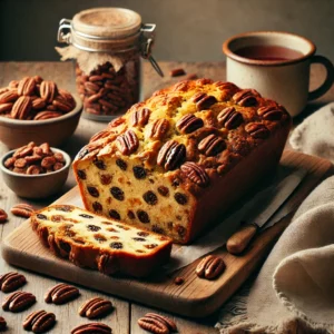 Pecan Raisin Quick Bread, golden brown and topped with pecans, sliced to reveal a moist interior filled with raisins and pecans. The loaf is displayed on a rustic wooden table, accompanied by a bowl of chopped pecans, a jar of raisins, a linen napkin, and a steaming cup of tea or coffee, illuminated by soft natural lighting for a cozy and comforting presentation.