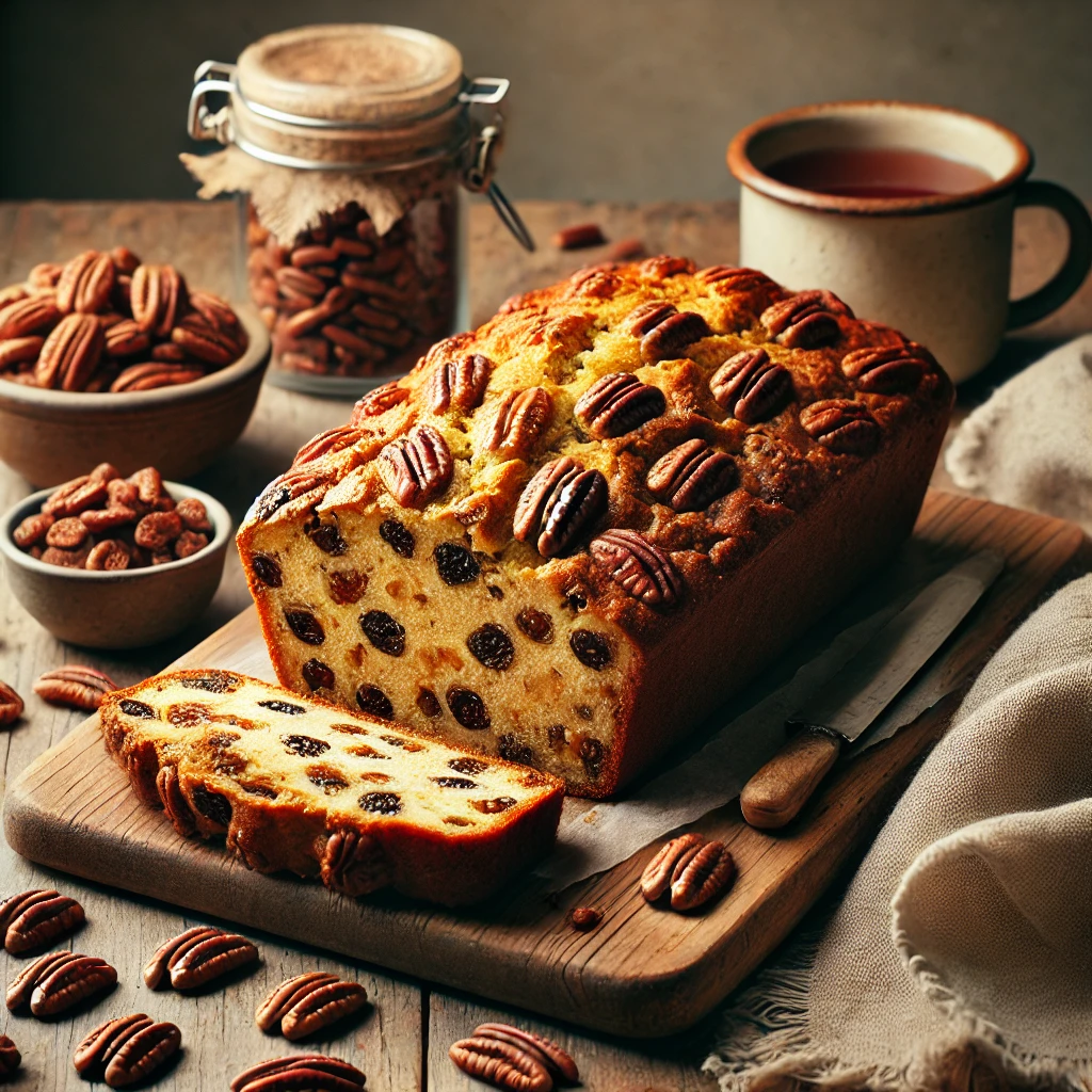 Pecan Raisin Quick Bread, golden brown and topped with pecans, sliced to reveal a moist interior filled with raisins and pecans. The loaf is displayed on a rustic wooden table, accompanied by a bowl of chopped pecans, a jar of raisins, a linen napkin, and a steaming cup of tea or coffee, illuminated by soft natural lighting for a cozy and comforting presentation.